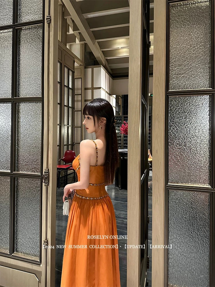 Roselyn heavy-duty orange nail diamond large swing tulle skirt female temperament white waist slimming suspender dress