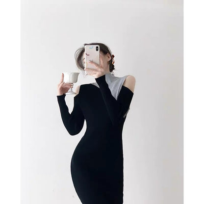 Long-sleeved black knitted bottoming dress for women autumn new slim fit high fashion chic sexy long dress D9293