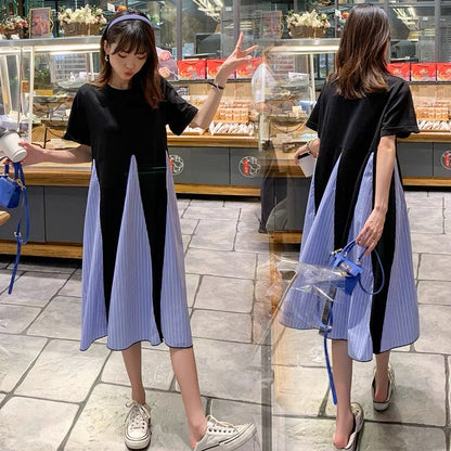 New summer wear, Korean style maternity wear, loose mid-length dress, stylish splicing skirt, 200 pounds puffy skirt D790
