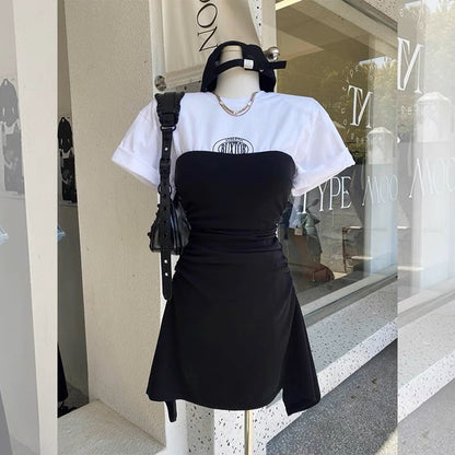 [Designer Model] Fake two-piece short-sleeved dress for women, new style, slimming, age-reducing design and temperament skirt
