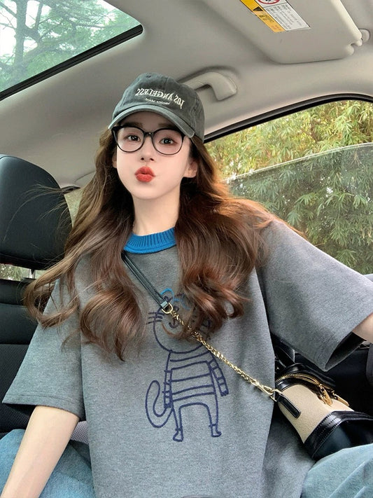 Gray cartoon short-sleeved T-shirt for women 2025 new summer contrast color stitching design American trendy brand loose top