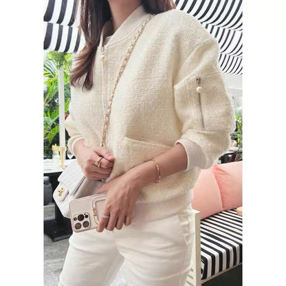 Korean chic autumn and winter French niche stand-up collar solid color pocket design loose long-sleeved tweed short coat for women