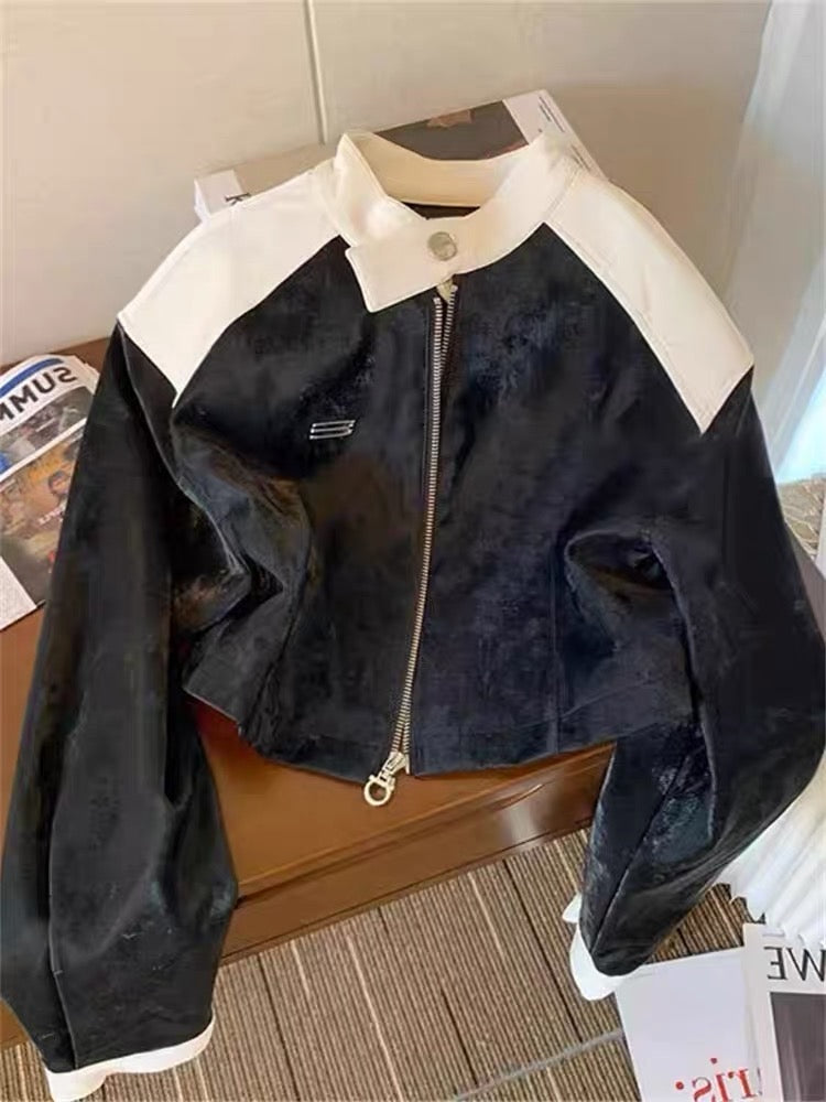 American street style color contrast stitching stand collar baseball uniform jacket men and women spring and autumn loose casual zipper jacket tops