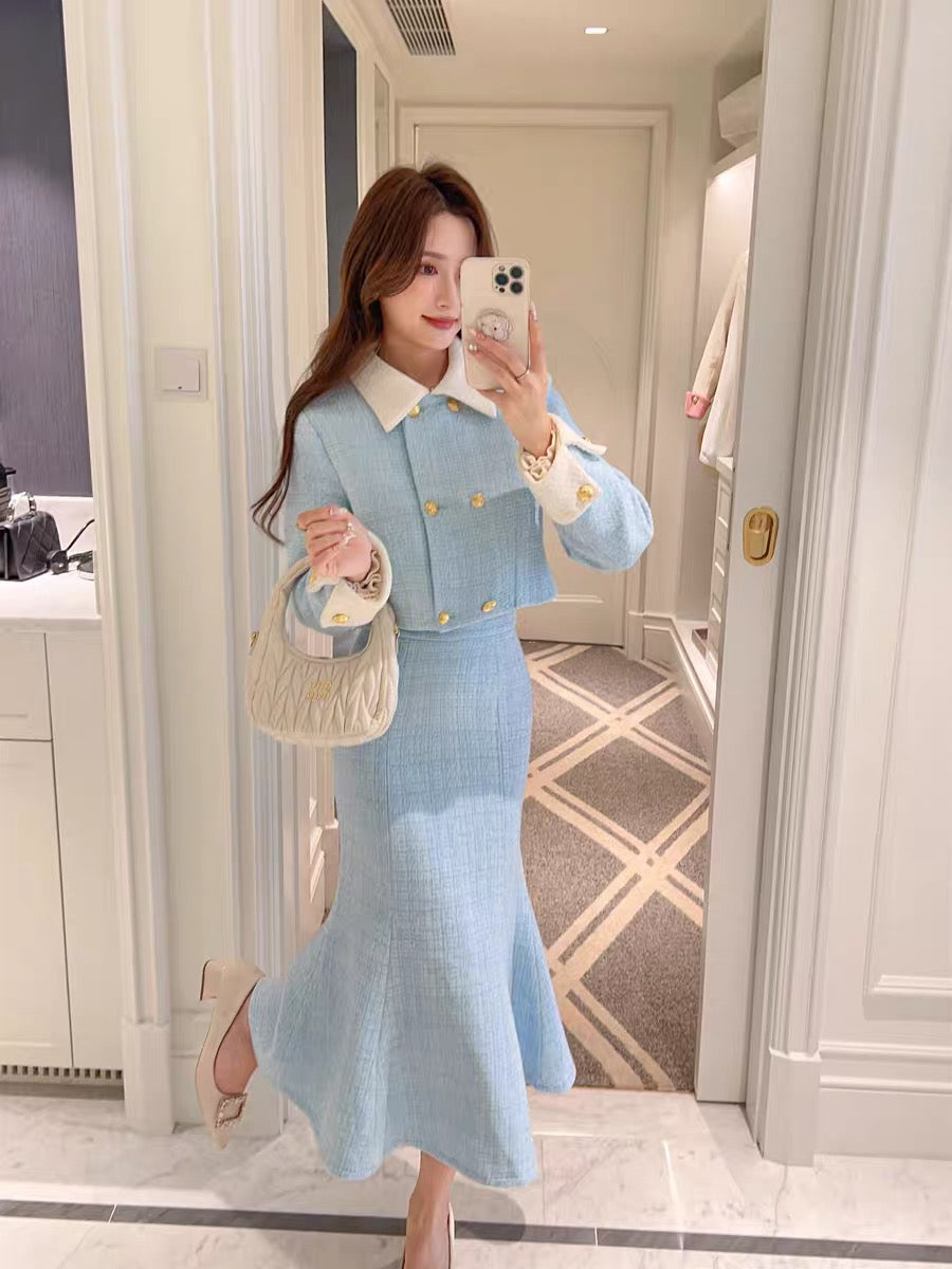 Zhang Xinzi [South Korea's daughter] 90 white duck down woolen suit skirt autumn and winter new style two-piece set