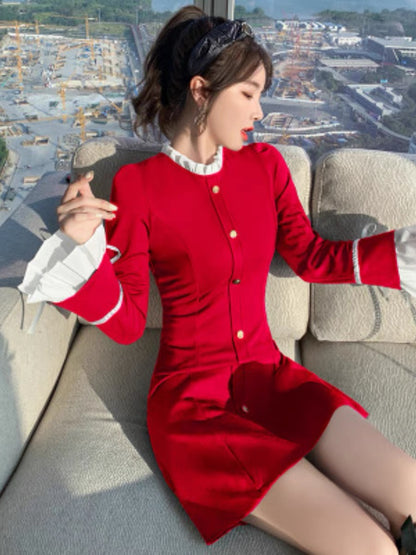 Red Dress 2023 Autumn New Women's French Slim Fit Little Hepburn Temperament Long Sleeve Skirt