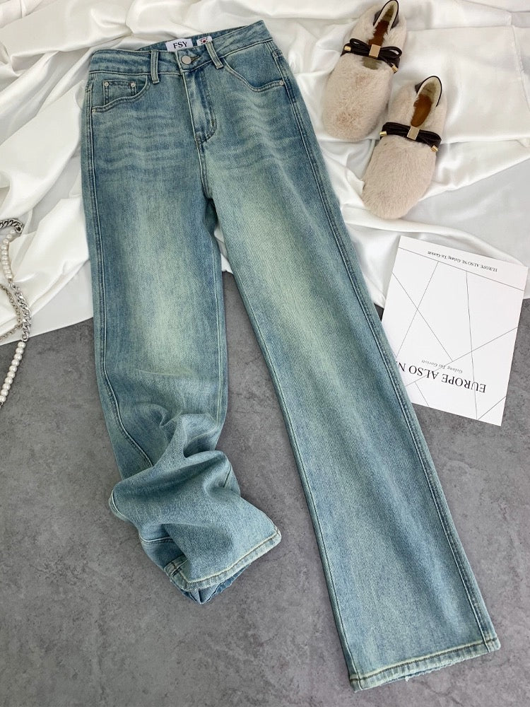 2024 spring new style high-waisted slimming loose light-colored straight pants embroidered letters narrow stretch jeans for women