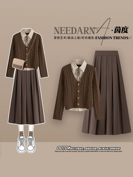 A complete set of Maillard outfits for deep winter wear, a knitted sweater suit, a high-end French plaid dress