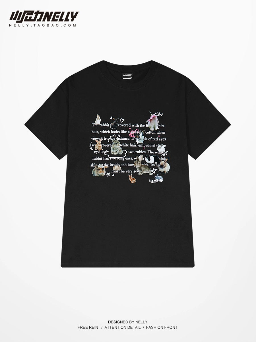 Fashion brand letter rabbit print short-sleeved T-shirt for men and women, same style, pure cotton, loose round neck, half sleeves, popular online versatile top