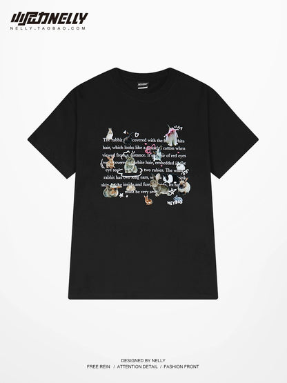 Fashion brand letter rabbit print short-sleeved T-shirt for men and women, same style, pure cotton, loose round neck, half sleeves, popular online versatile top