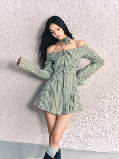 AGAM original design French niche pure lust style one-shoulder lapel waist dress striped off-shoulder shirt dress