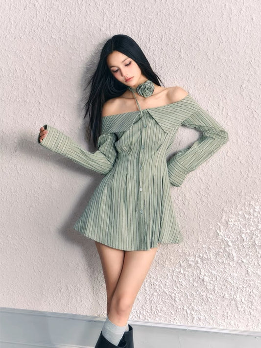 AGAM original design French niche pure lust style one-shoulder lapel waist dress striped off-shoulder shirt dress