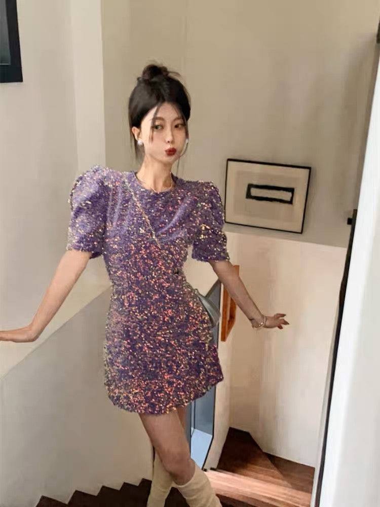 French platycodon Hepburn style bright sparkling puff sleeve dress women's summer light luxury style high-end short skirt