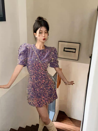 French platycodon Hepburn style bright sparkling puff sleeve dress women's summer light luxury style high-end short skirt