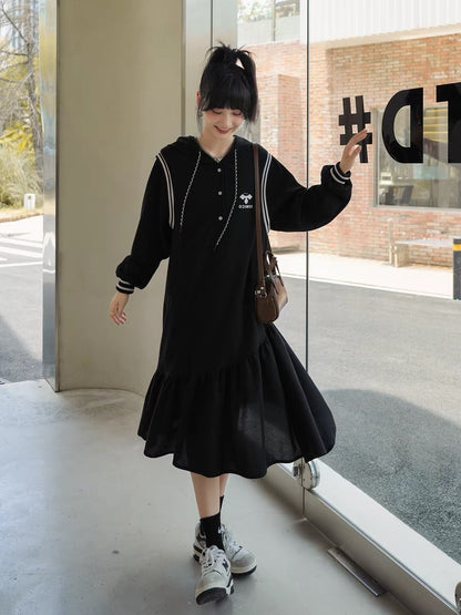 Black long sweatshirt dress for women autumn 2023 new Korean style loose casual high-end hooded long-sleeved dress