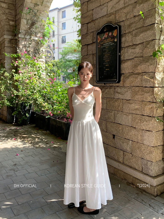 DH OFFICIAL Big Flower [Lisbon Summer] Flying in the White Clouds Spliced Suspender Dress