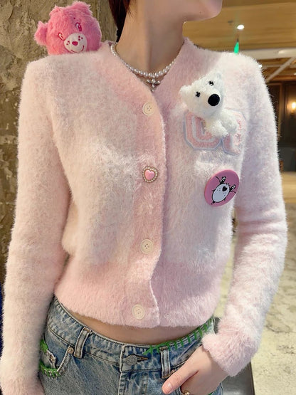 Thebestxue 2023 new Korean style pink short v-neck bear decorated sweater cardigan sweater for women autumn