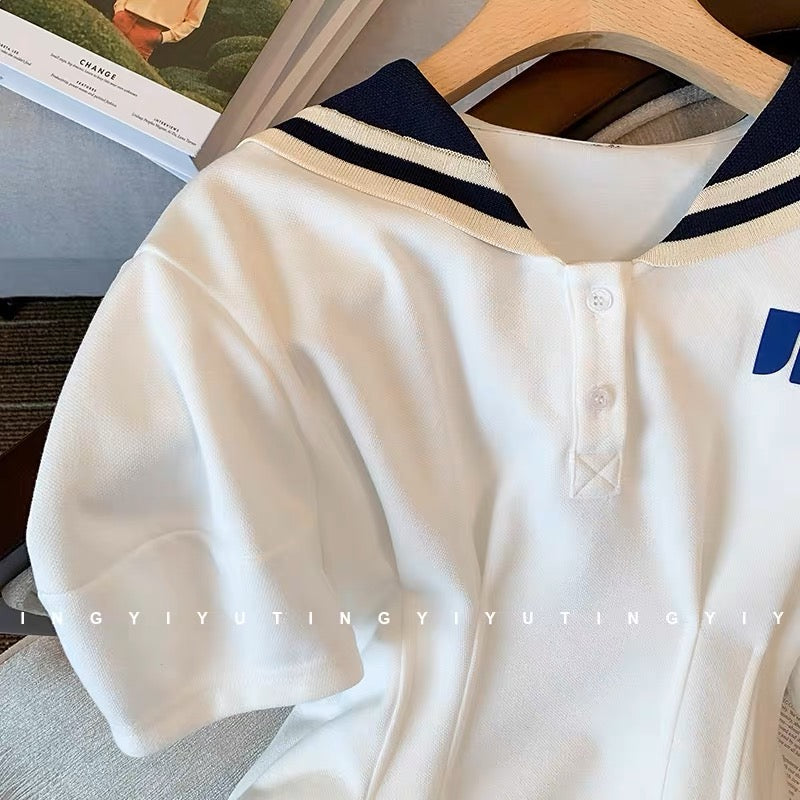 White age-reducing college style navy collar dress for women 2023 summer new style waist-cinching high-end casual puff sleeve dress