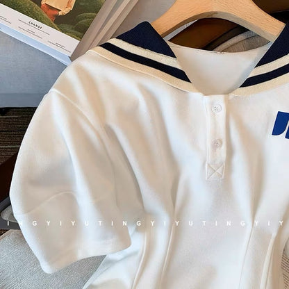 White age-reducing college style navy collar dress for women 2023 summer new style waist-cinching high-end casual puff sleeve dress