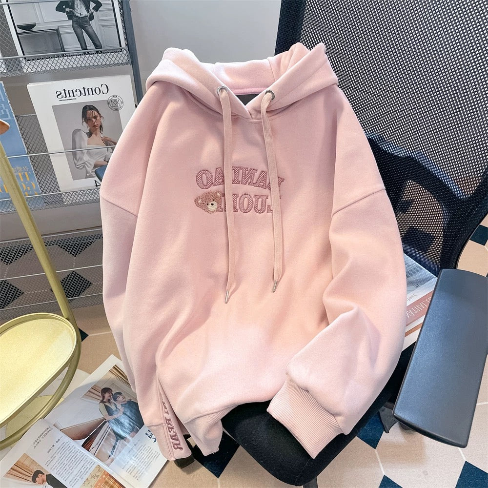 Milk fufu lazy cute little bear embroidered hooded sweatshirt men and women autumn and winter small plus velvet thickened top coat