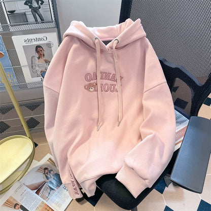 Milk fufu lazy cute little bear embroidered hooded sweatshirt men and women autumn and winter small plus velvet thickened top coat