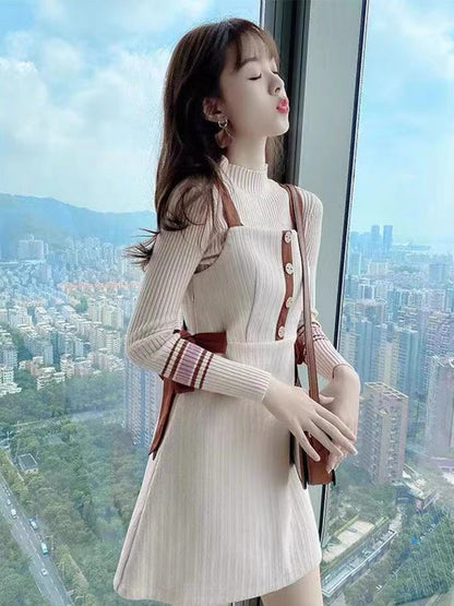 Knitted woolen suit women's two-piece suit 2023 autumn and winter new fashion fashion waist slimming suspender skirt long-sleeved dress (B1417)