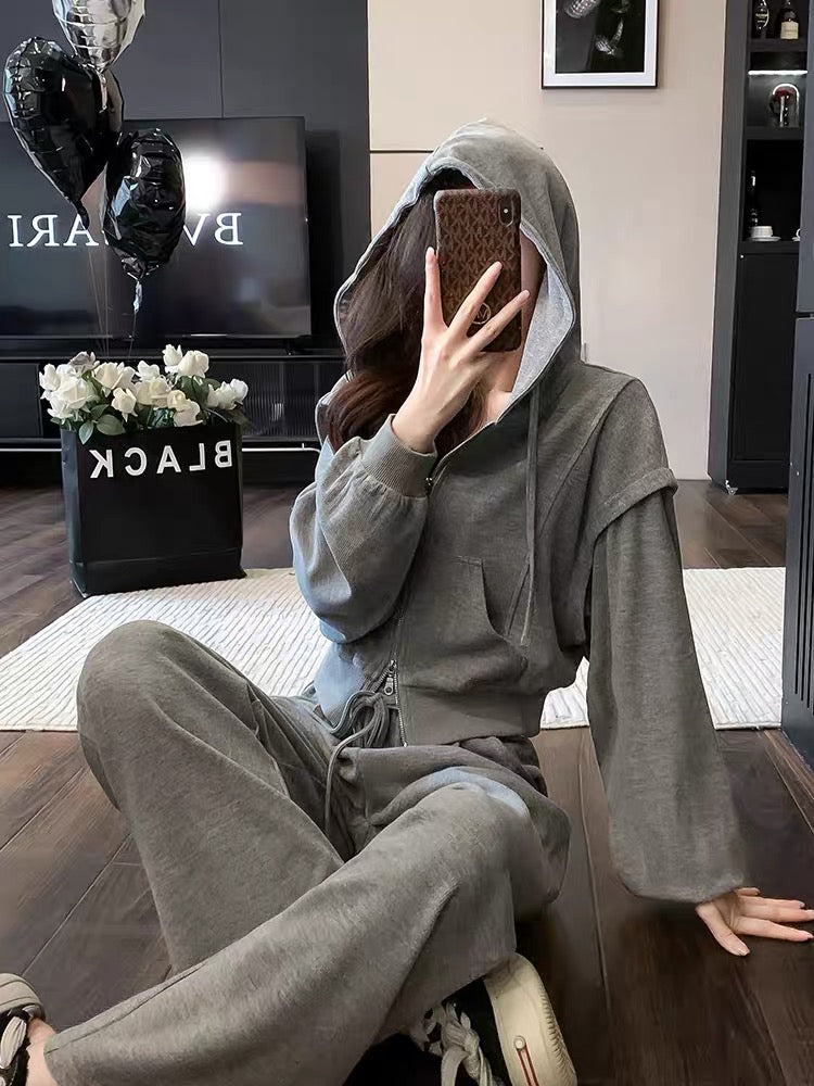 2023 Autumn and Winter New Fashionable and High-end Gray Cardigan Zippered Hooded Sweatshirt Strappy Waist Wide Leg Pants Suit (V6616)