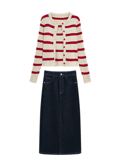 Early autumn women's clothing 2023 new thin section striped knitted cardigan suspender top two-piece suit skirt high-end sense