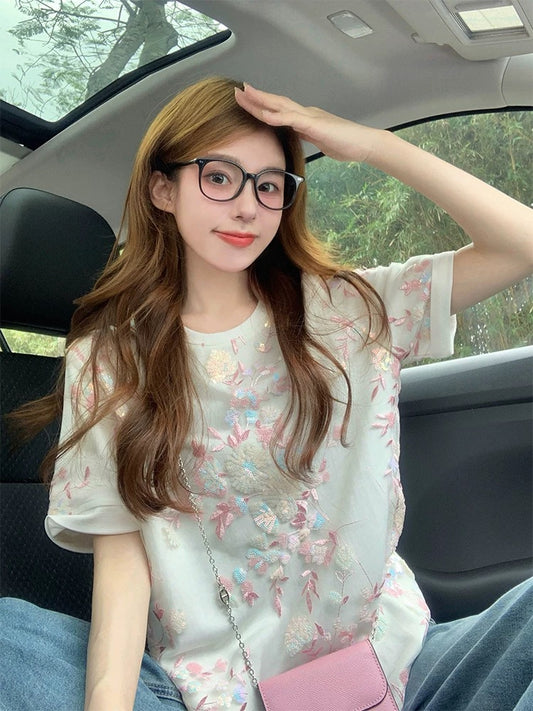 Heavy sequin embroidery short-sleeved T-shirt for women 2025 new summer niche temperament design mesh splicing top