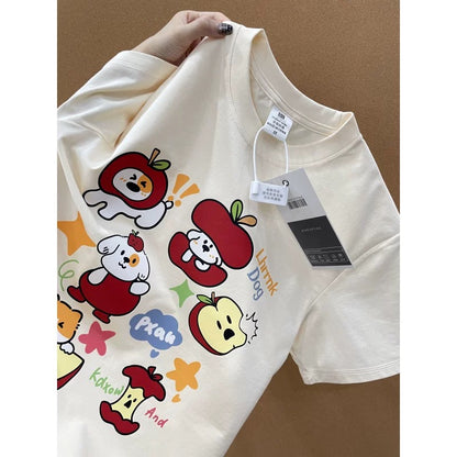 American style ins three bears printed cotton short-sleeved T-shirt men and women summer heavyweight all-match loose couple tops