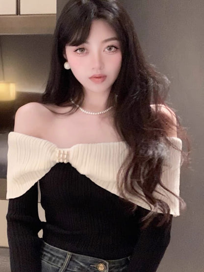 Contrast color one-shoulder lapel pearl sweater, temperament long-sleeved top, women's autumn and winter sexy slimming off-shoulder bottoming shirt