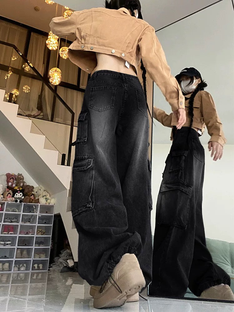 Retro jeans women's autumn multi-pocket design trendy niche high street American workwear women's wide-leg loose