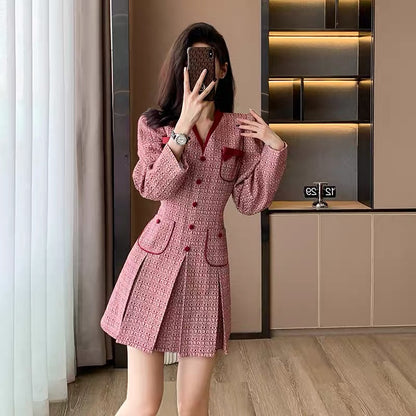 2023 New Women's Clothing Autumn Temperament Celebrity Slim High-Quality Red Small Fragrance Style Tweed Dress Women's Autumn