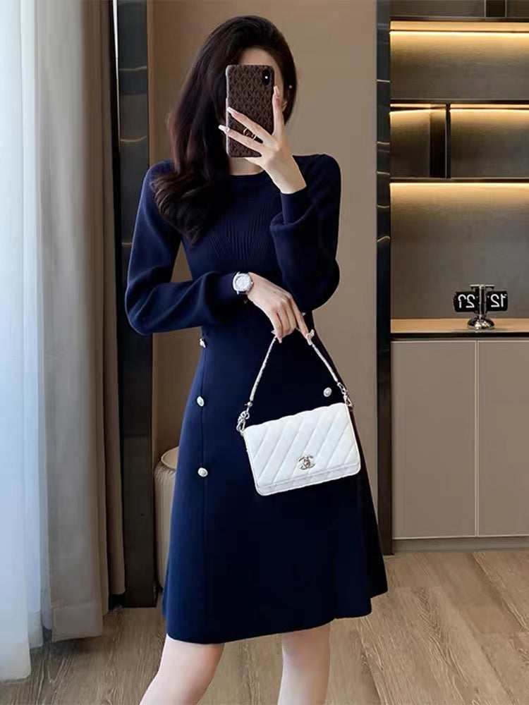 Autumn new light luxury retro temperament dress women's royal blue elegant and dignified waist knitted A-line skirt D7799