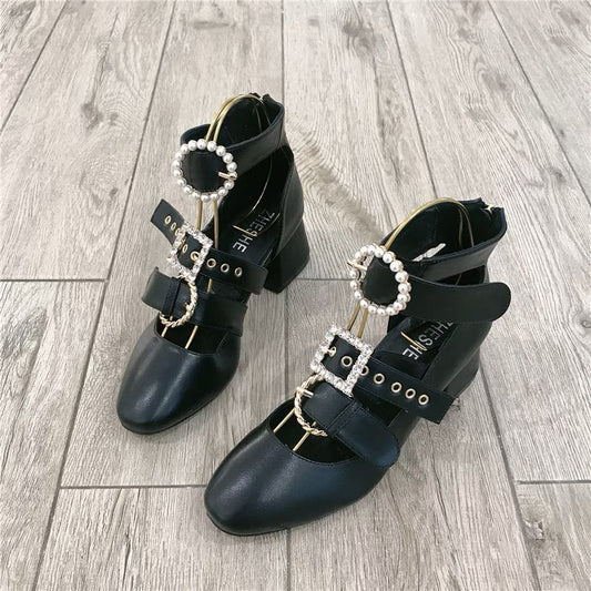European and American Spring and Autumn High Heels 2023 New Sandals Female Internet Celebrities Sexy Pearl Rhinestone Hollow Thick Heel Roman Shoes