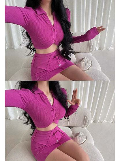 YoungGirlDay hot girl style sexy short long-sleeved cardigan single-breasted cuffed hip-covering short skirt knitted suit (B1816)