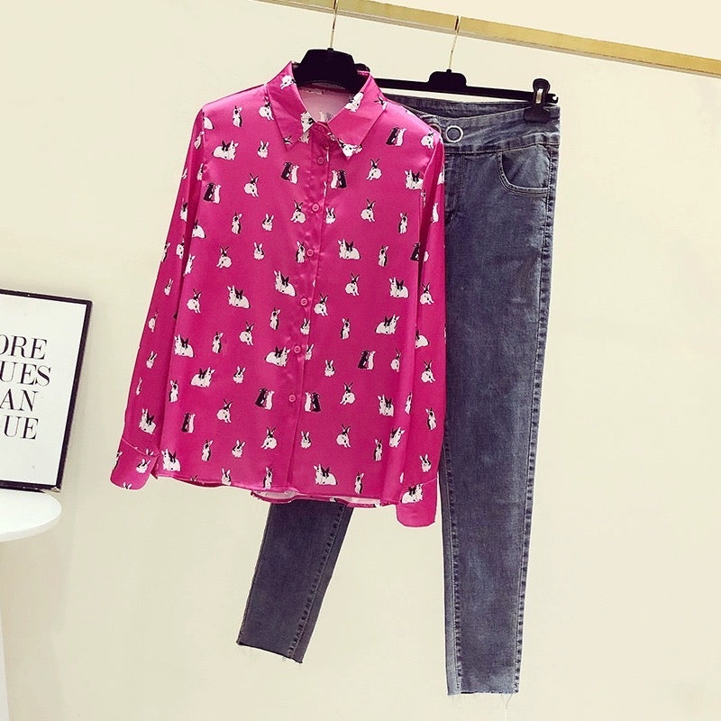 Satin silk rose red shirt femininity foreign style high-end printed long-sleeved top early autumn design sense niche