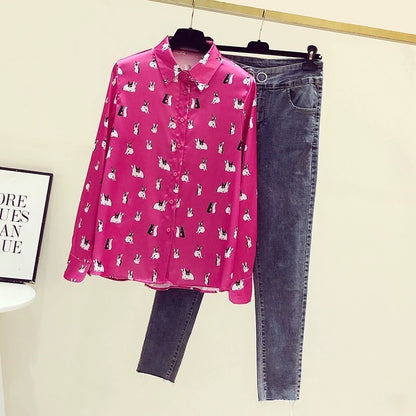 Satin silk rose red shirt femininity foreign style high-end printed long-sleeved top early autumn design sense niche