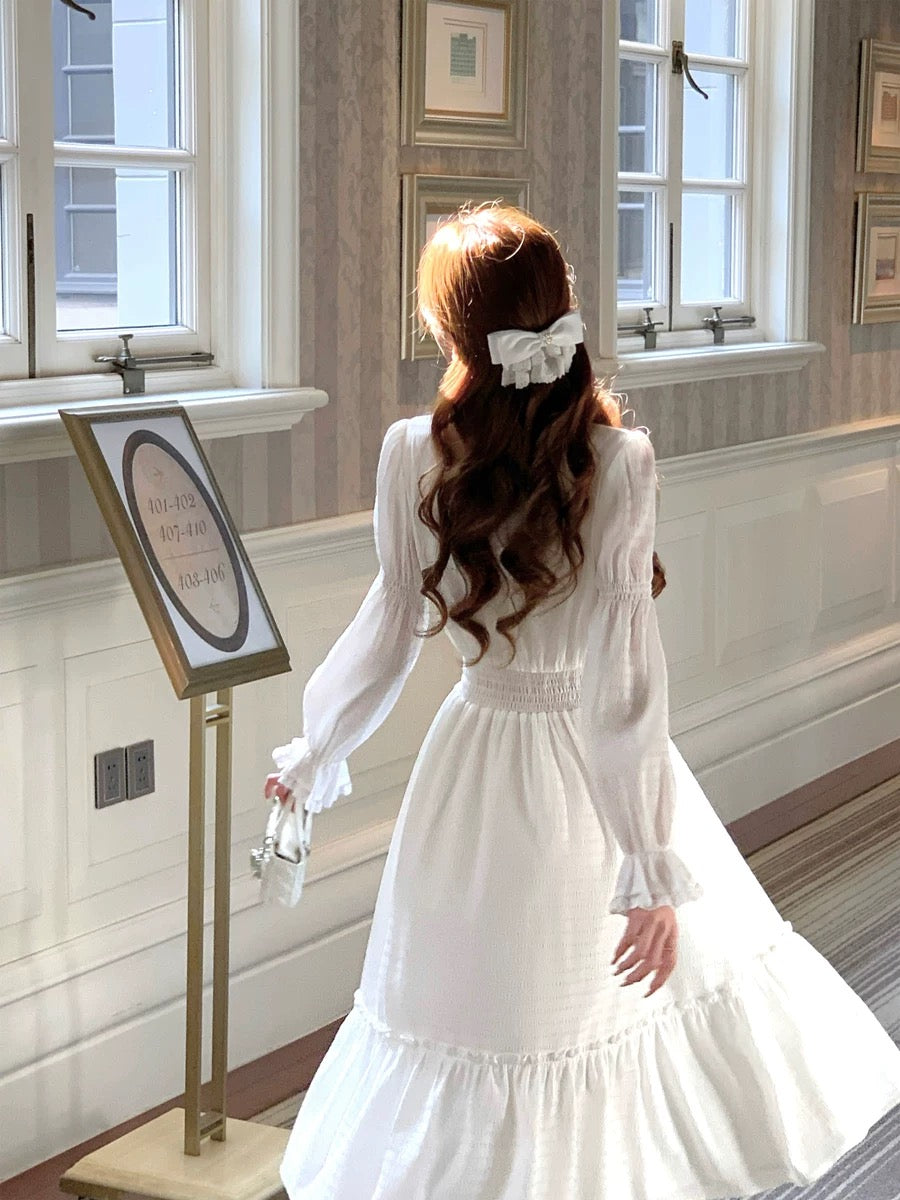 Q Girl’s Letter to Venus/French Retro Big Swing White Long Dress 2024 Early Spring New Dress Long Sleeves