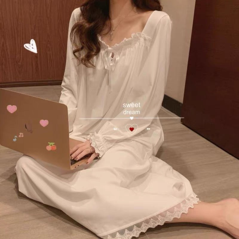 Palace style long-sleeved lace nightgown for women 2023 new spring Korean style cute princess home wear long skirt trendy for outer wear