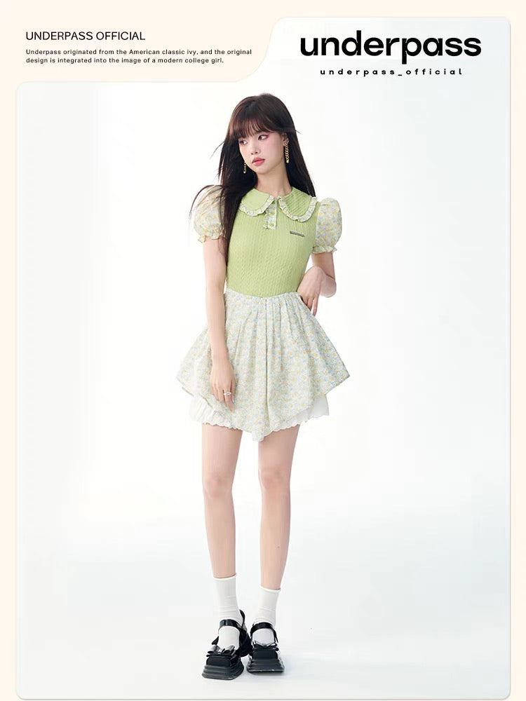 underpass original design green milky sweet doll collar splicing floral knitted slim-fitting puffy dress for women