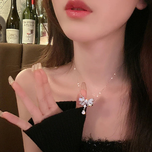 Fairy tears! 925 silver micro-paved zircon bow water drop necklace light luxury niche design high-end necklace