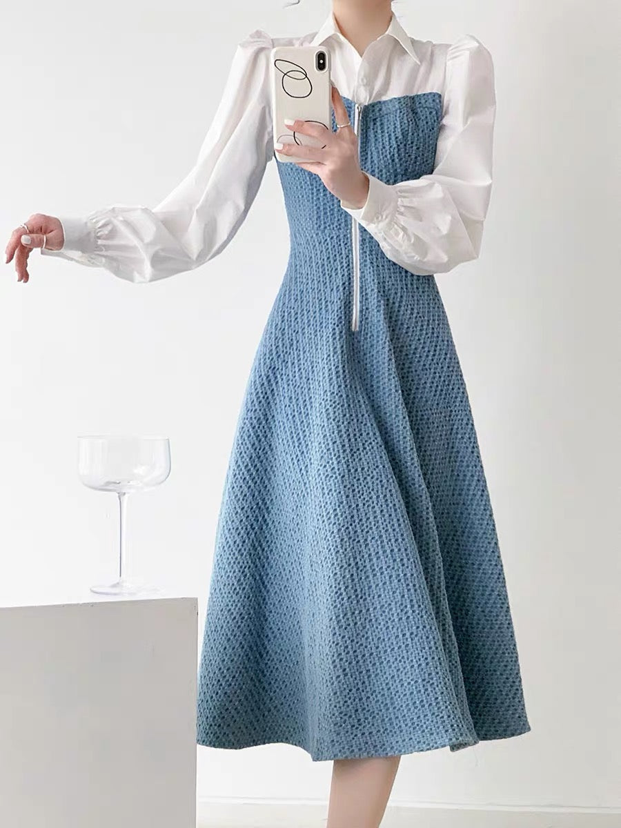 Fashion high-end exquisite small fragrant dress women's autumn and winter new style waist slimming fake two-piece long dress D9290
