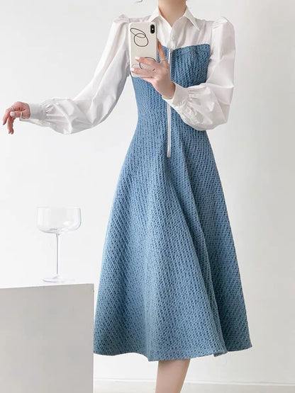 Fashion high-end exquisite small fragrant dress women's autumn and winter new style waist slimming fake two-piece long dress D9290