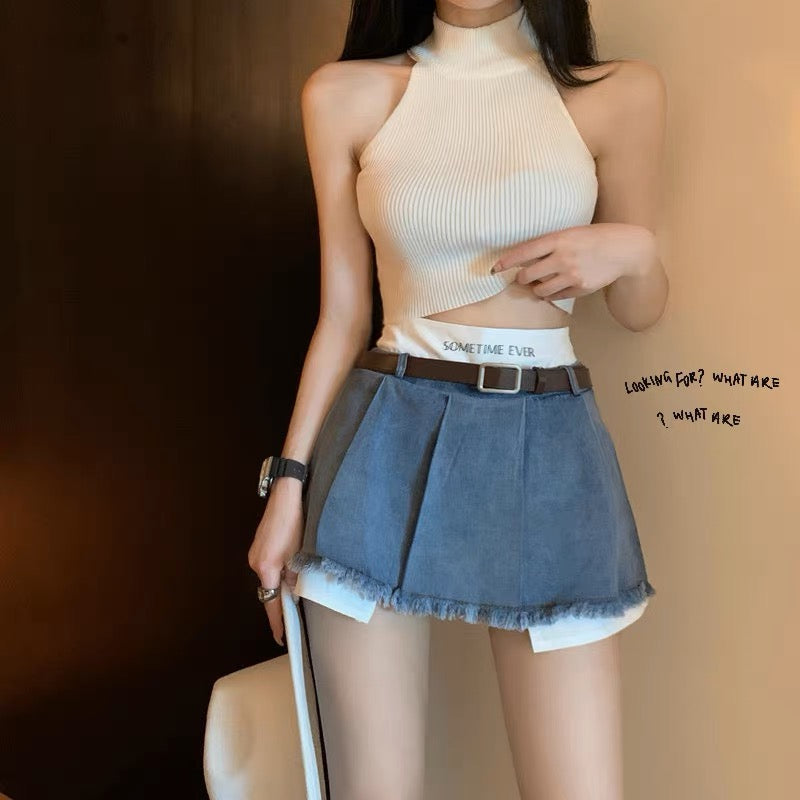 Irregular fake two-piece denim skirt female summer small tall waist thin a-line sexy pleated short skirt
