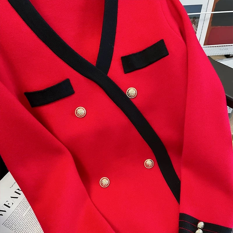 Contrast color V-neck double-breasted suit dress for women in autumn new temperament small fragrant hip skirt red knitted skirt