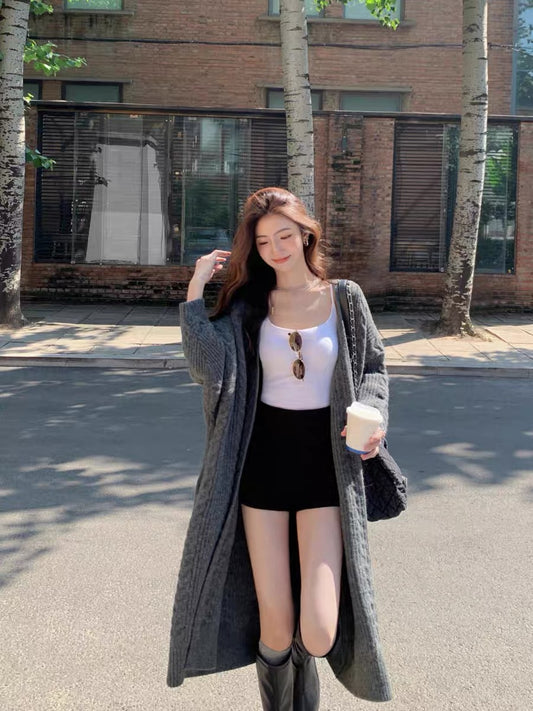 MULVAN gray long twist sweater jacket for women 2023 autumn and winter loose lazy style sweater thickened cardigan
