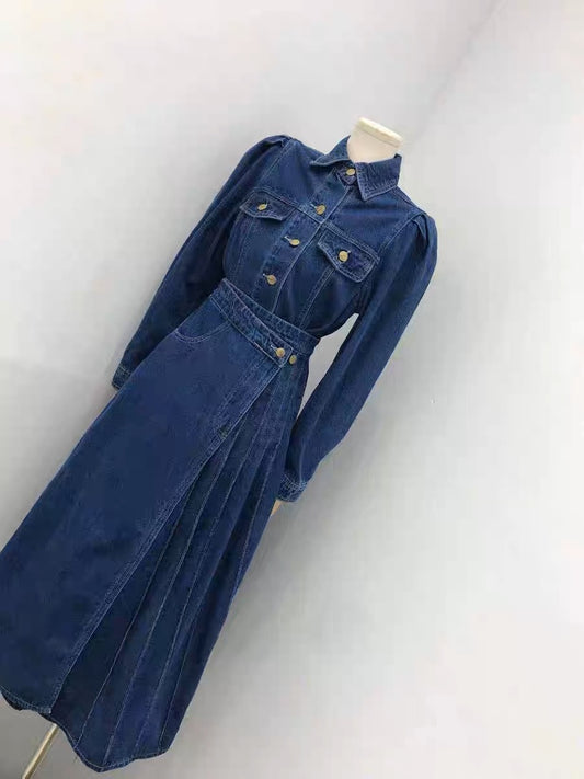Miser Sheep 2023 New Hong Kong Style High Quality Loose Denim Shirt + Irregular Long Skirt A-Line Skirt Suit