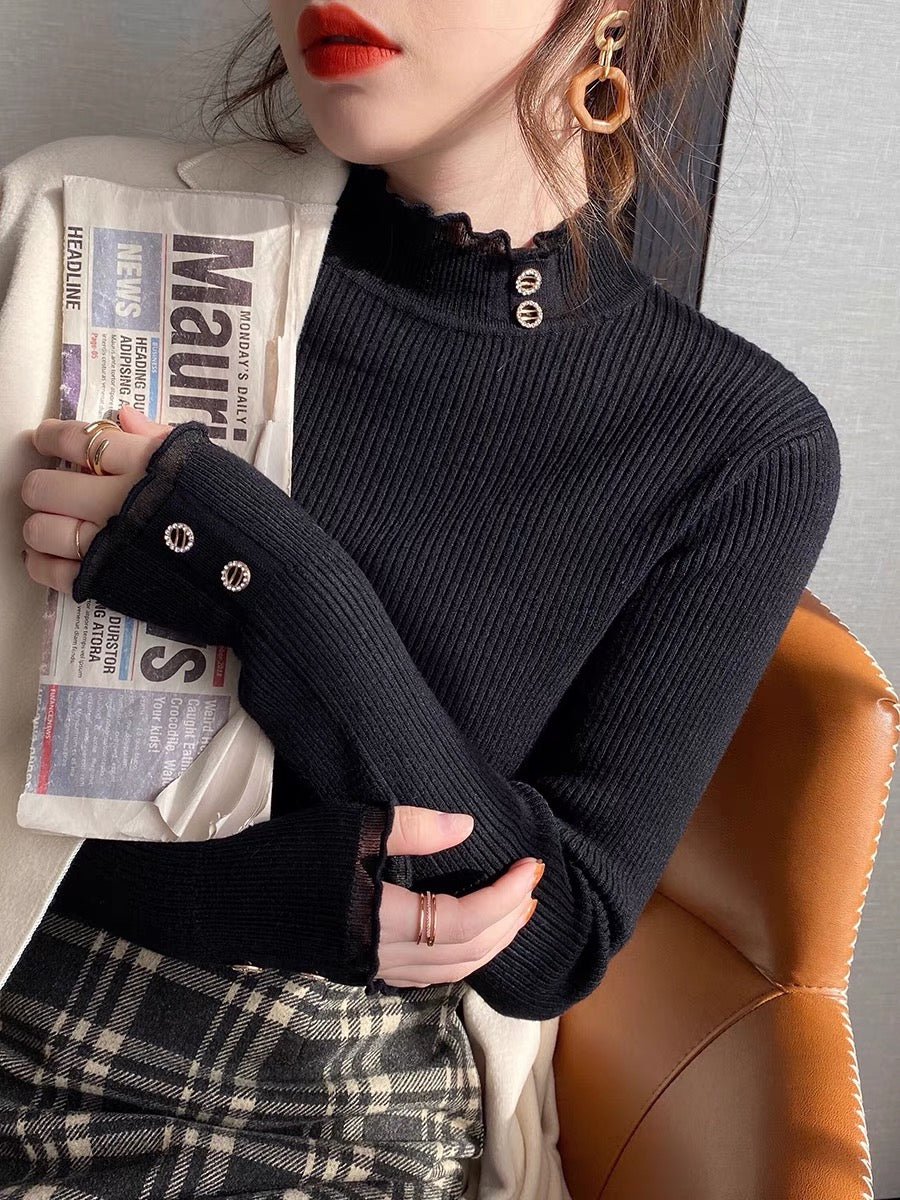 White half turtleneck bottoming shirt for women, autumn and winter style, 2023 new style sweater, lace inner, knitted early autumn top