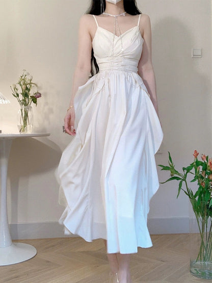 Platycodon French white suspender dress for women in summer with high-quality texture, waist slimming, fairy super fairy long skirt