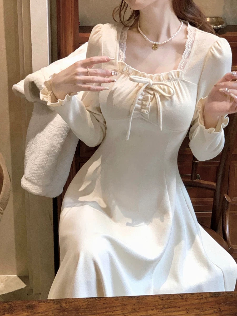 Q Girl’s White Dew Lovers/French White Knitted Long Skirt Women’s 2023 Winter Square Neck Dress